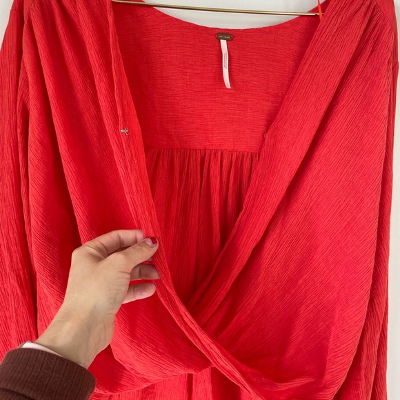 Free People S Red Gauzy Wrap Check On It Blouse Top - Picture 4 of 12